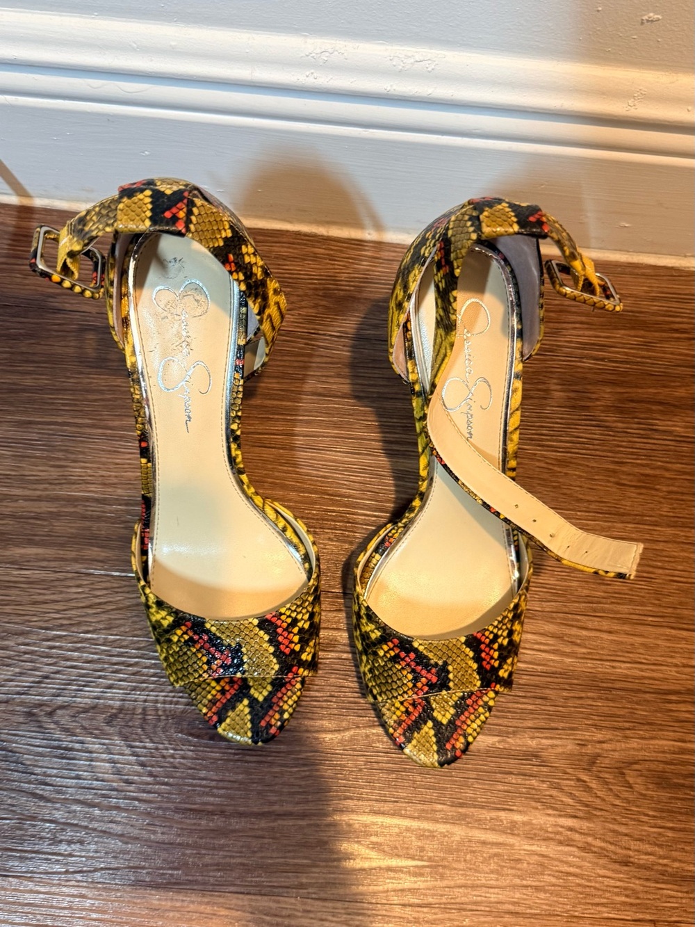 Jessica Simpson Yellow Snake-Print Pointed Ankle-Strap Heels